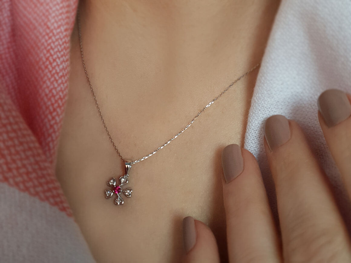 Diamond and Ruby Flower Heart Necklace