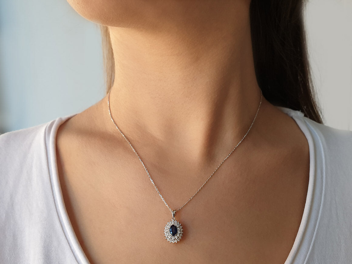 Double Row Diamond and Oval Sapphire Necklace