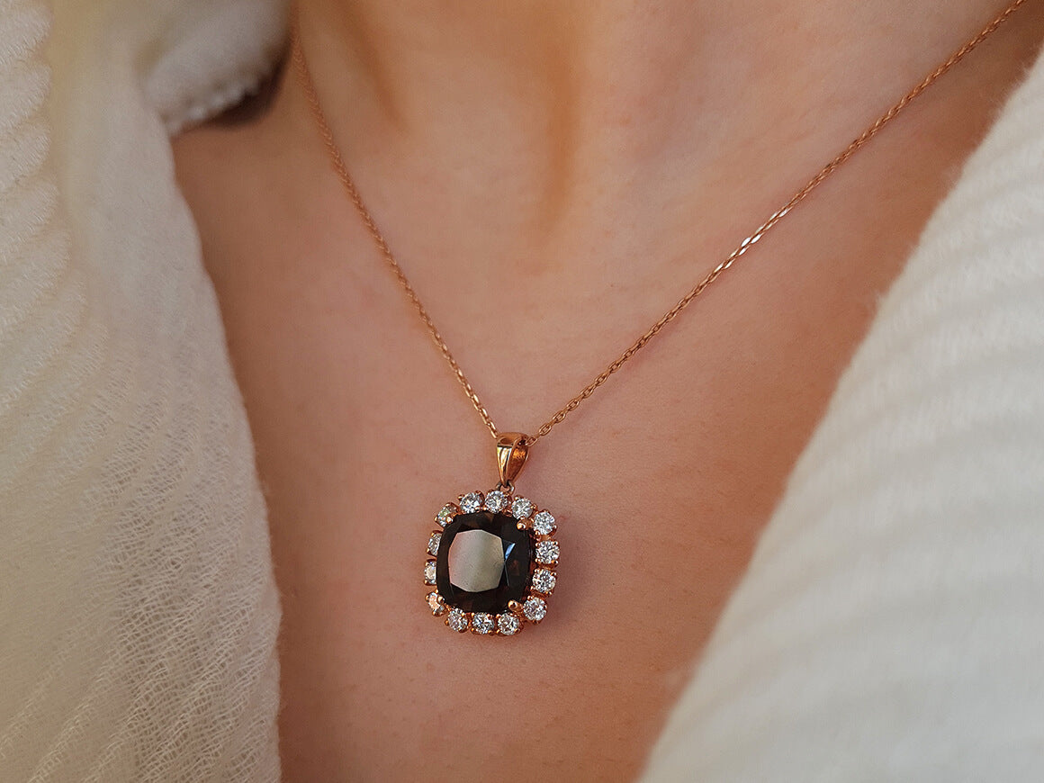 Diamond and Cushion Cut Smoky Quartz Necklace