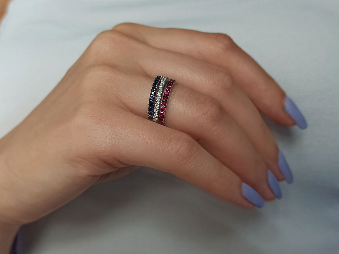 Diamant Rubin und Saphir Halbrundum Ring