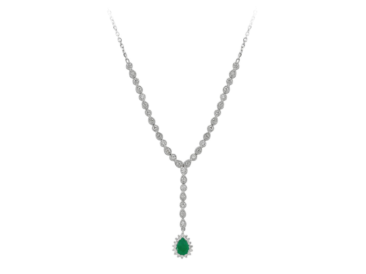 Collier tennis diamants et émeraudes en forme de larme
