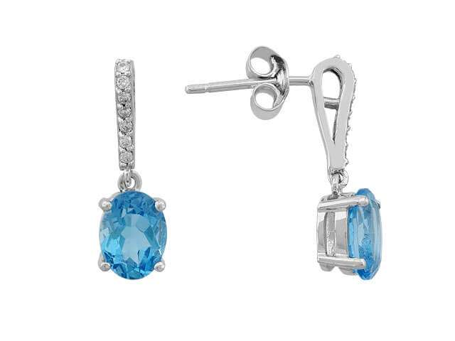 Boucles d'oreilles pendantes en diamant et topaze bleue ovale