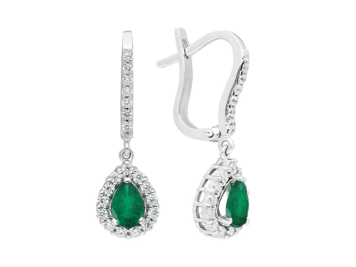 Boucles d'oreilles diamants et émeraudes en forme de larme