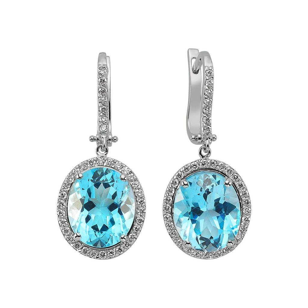 Boucles d'oreilles pendantes en diamant et topaze bleue ovale