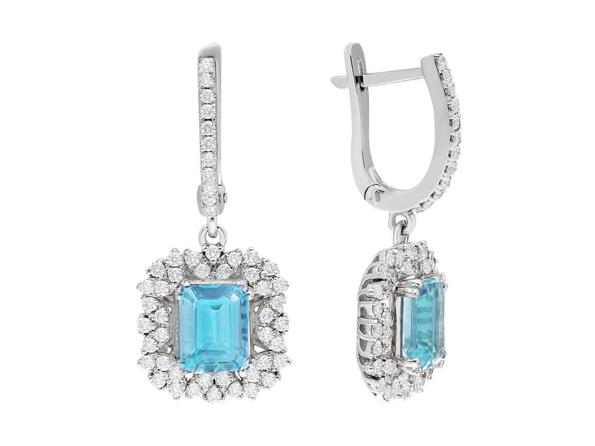 Boucles d'oreilles diamants et aigue-marine octogonales