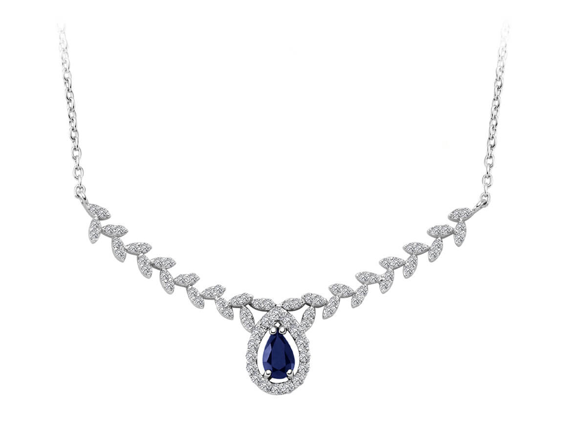 Collier branche d'olivier diamant et saphir goutte