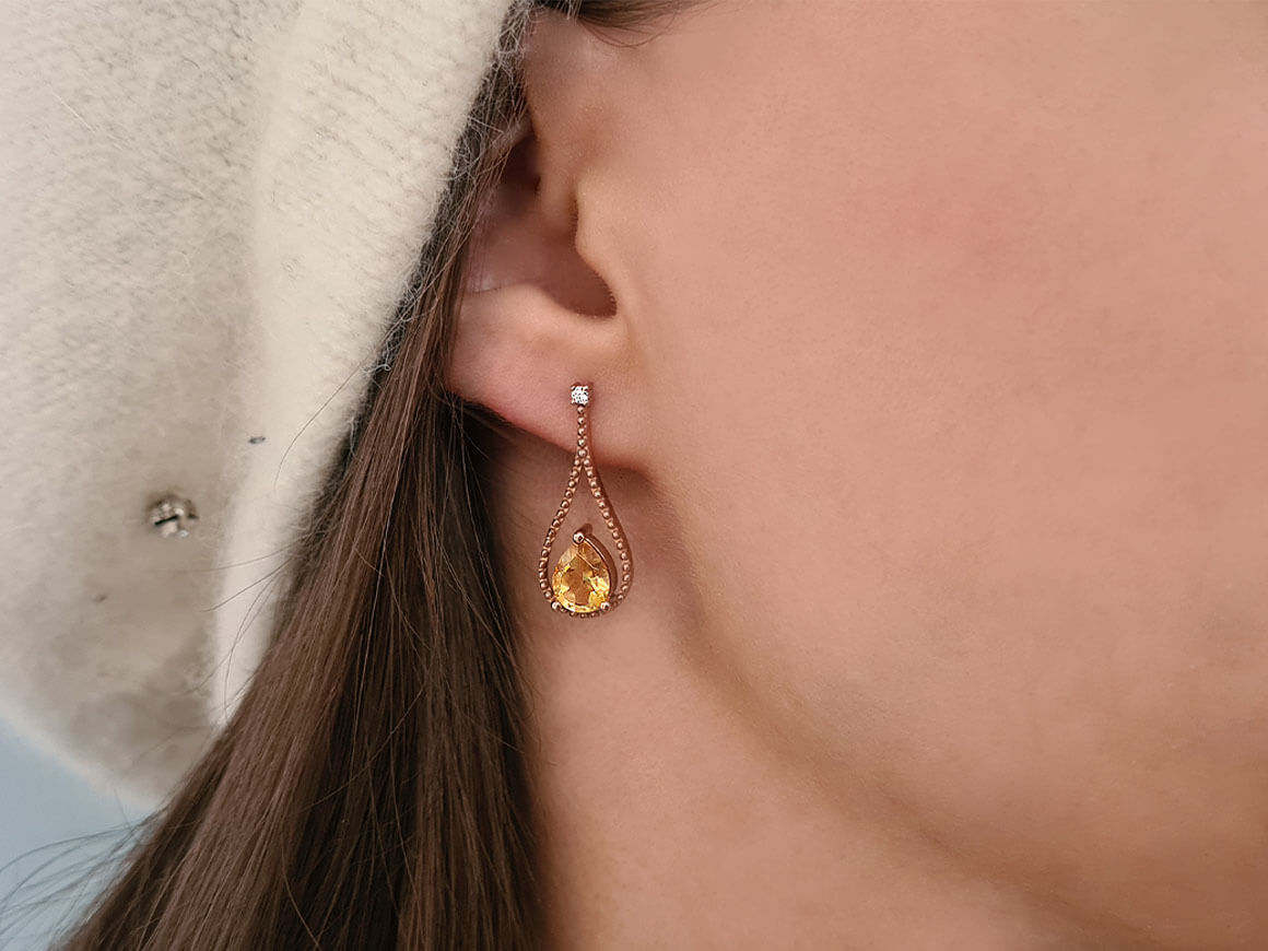 Boucles d'oreilles diamants et citrines en forme de larme