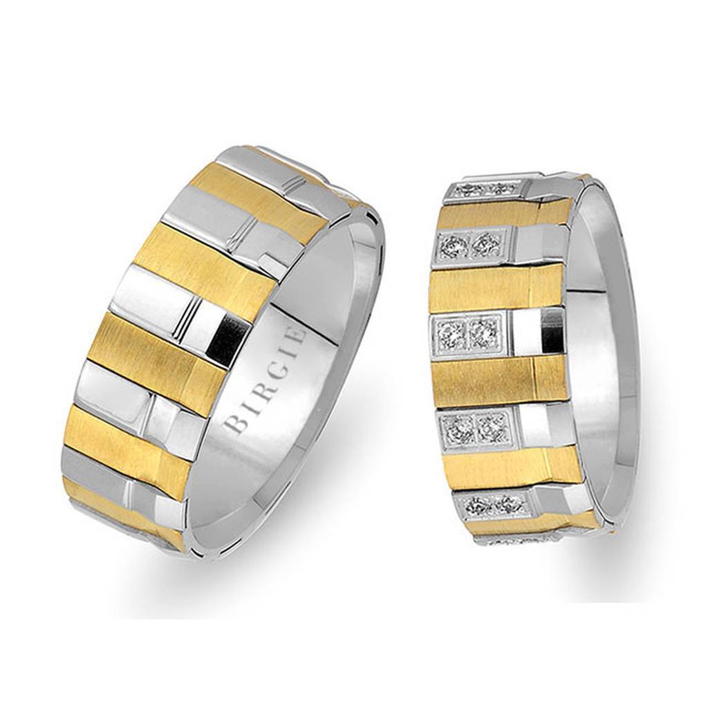 Alliance en or blanc et jaune à motif géométrique avec diamants