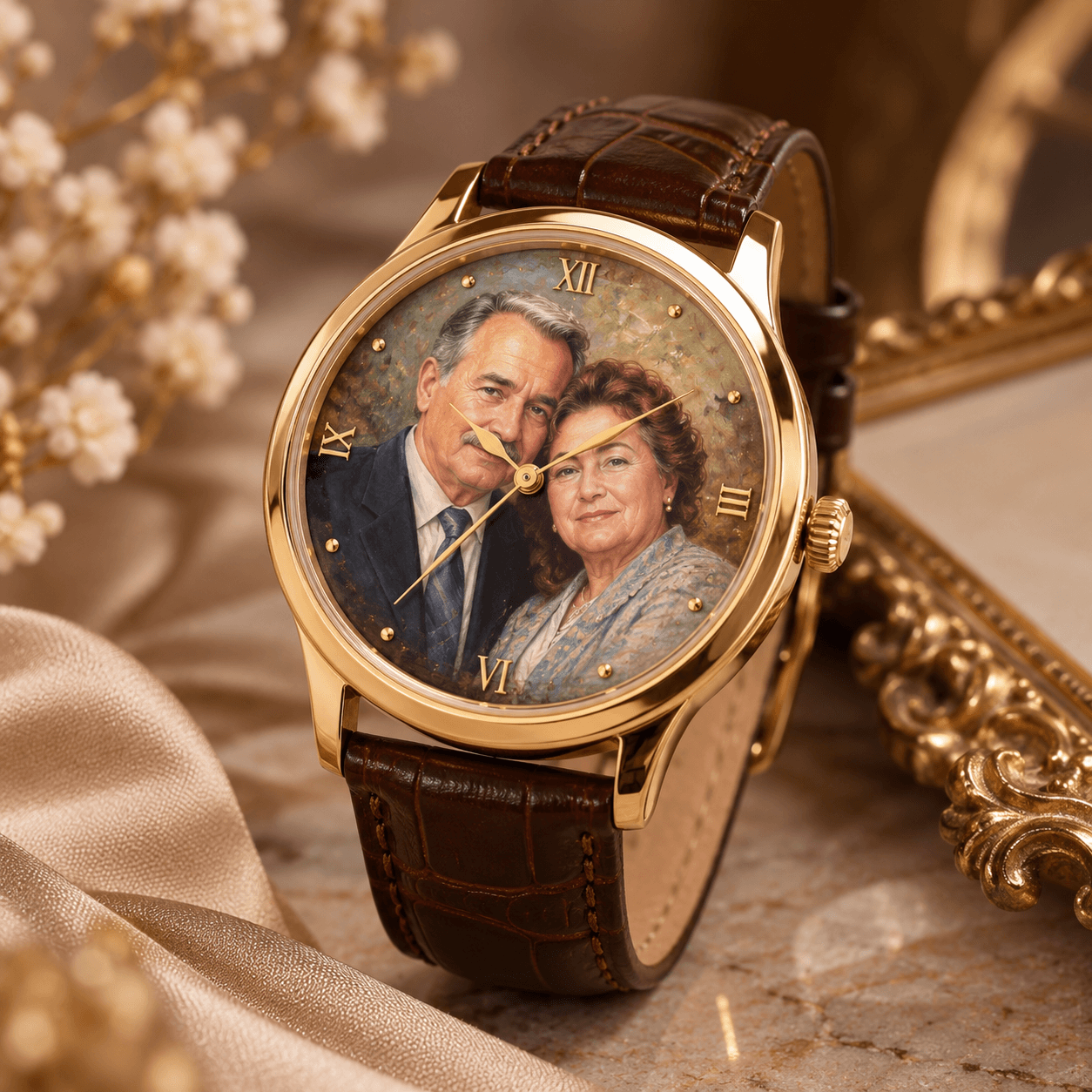 BIRGIE personalisierte Kunstuhr mit handgemaltem Porträt eines älteren Paares, goldenem Gehäuse und braunem Lederarmband