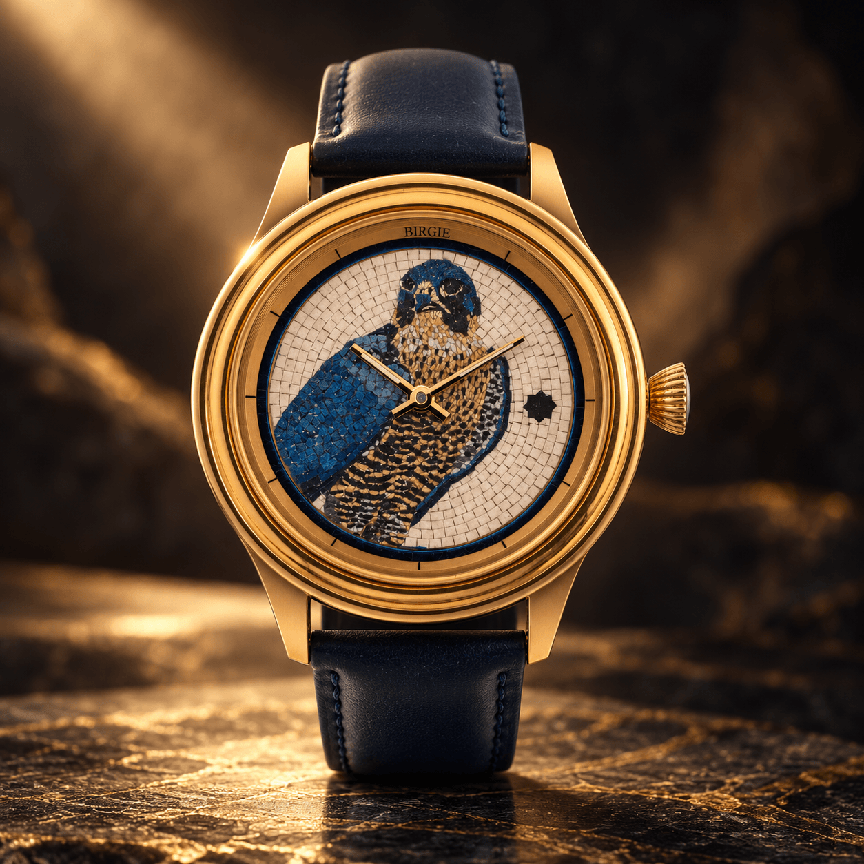 BIRGIE Unikat-Kunstuhr mit goldenem Gehäuse, dunkelblauem Lederarmband und kunstvollem Mosaik-Falkenmotiv auf dem Zifferblatt