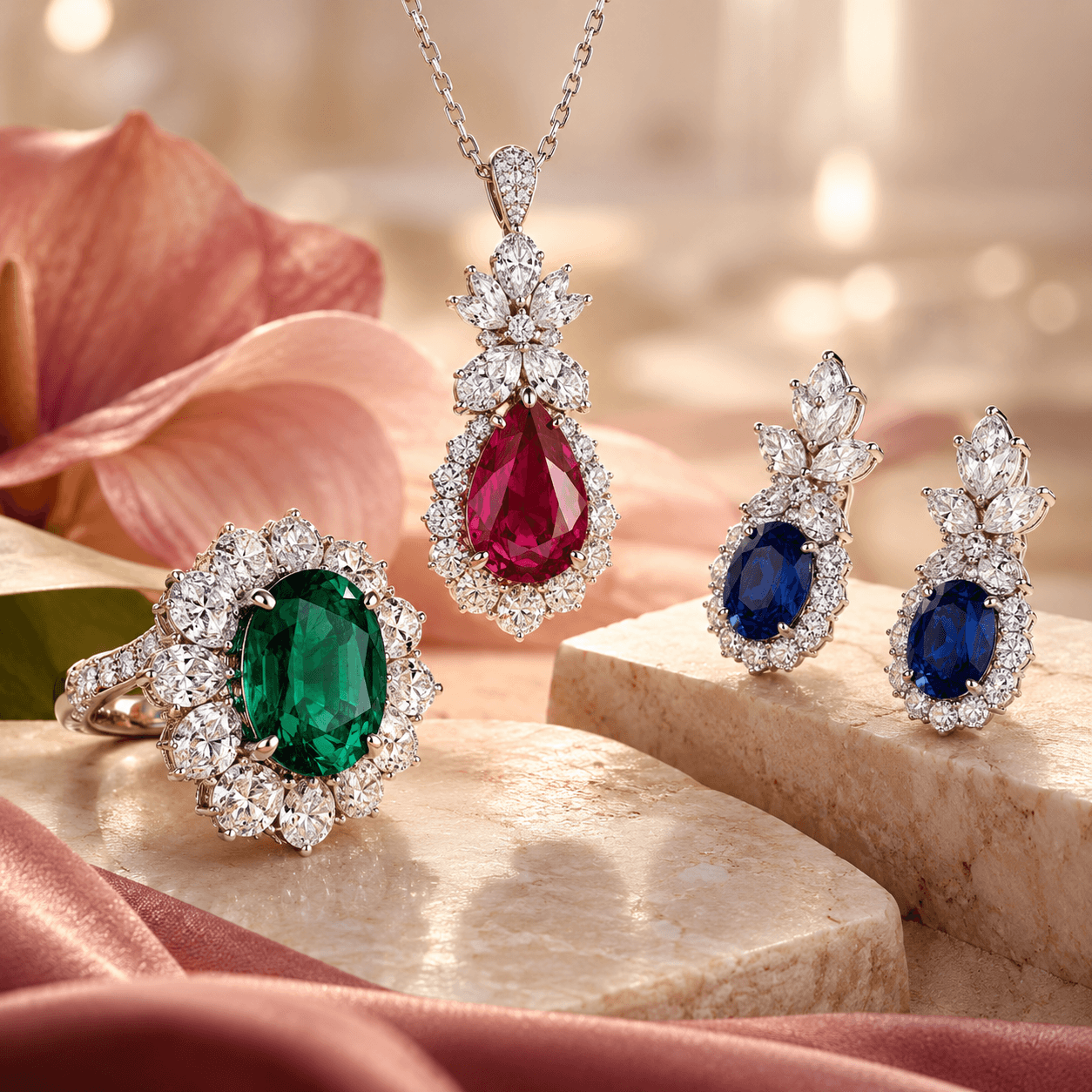 BIRGIE High Jewellery mit luxuriösem Smaragdring, Rubinanhänger und Saphir-Ohrringen mit funkelndem Diamantbesatz