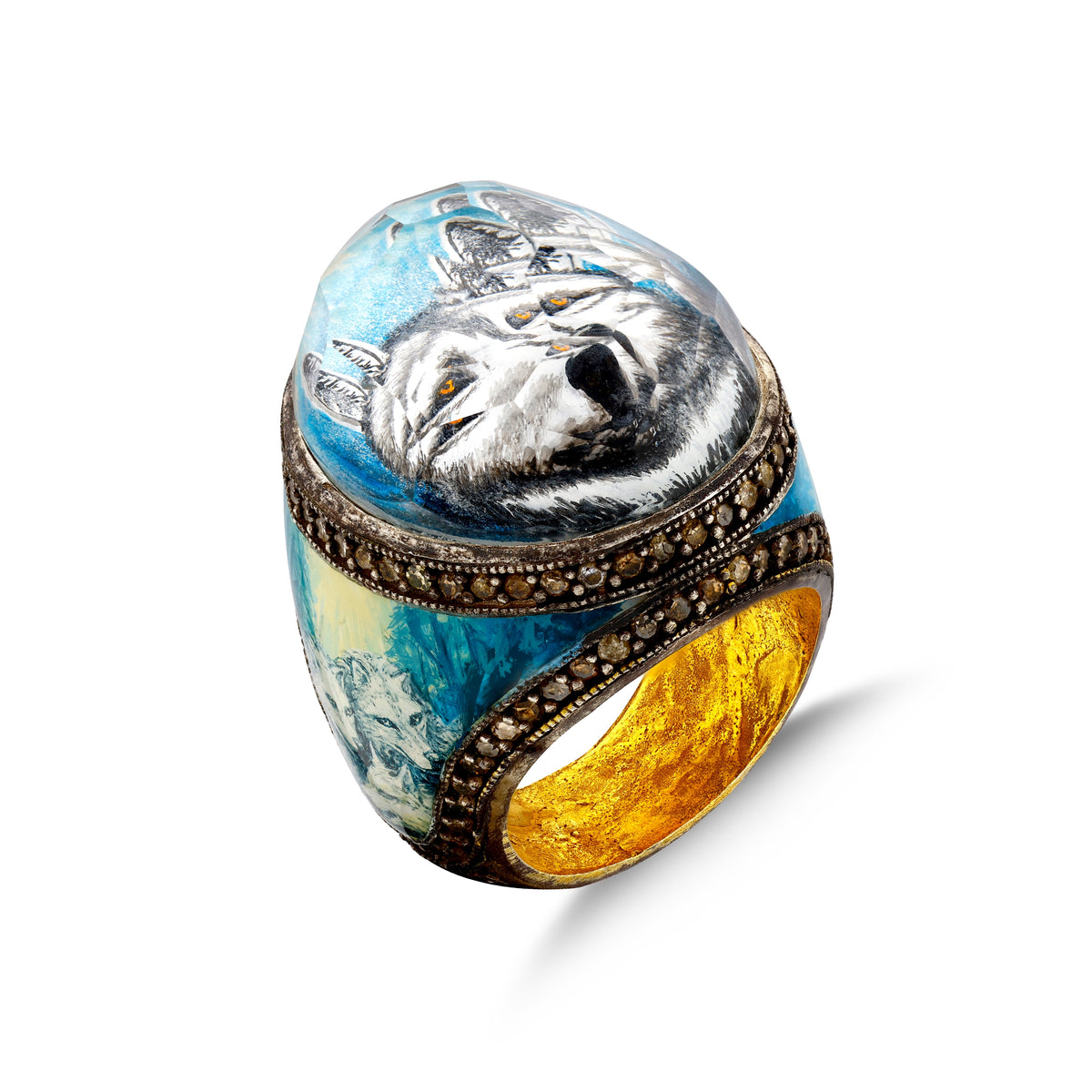 Bague Loup Gris en Diamants Noirs