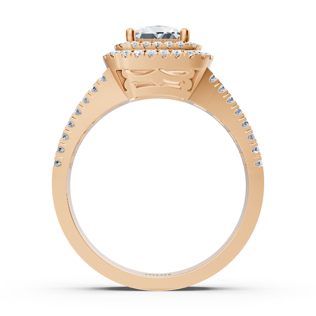 Bague de fiançailles en or rose 14 carats avec diamants taille princesse et rubis à double halo