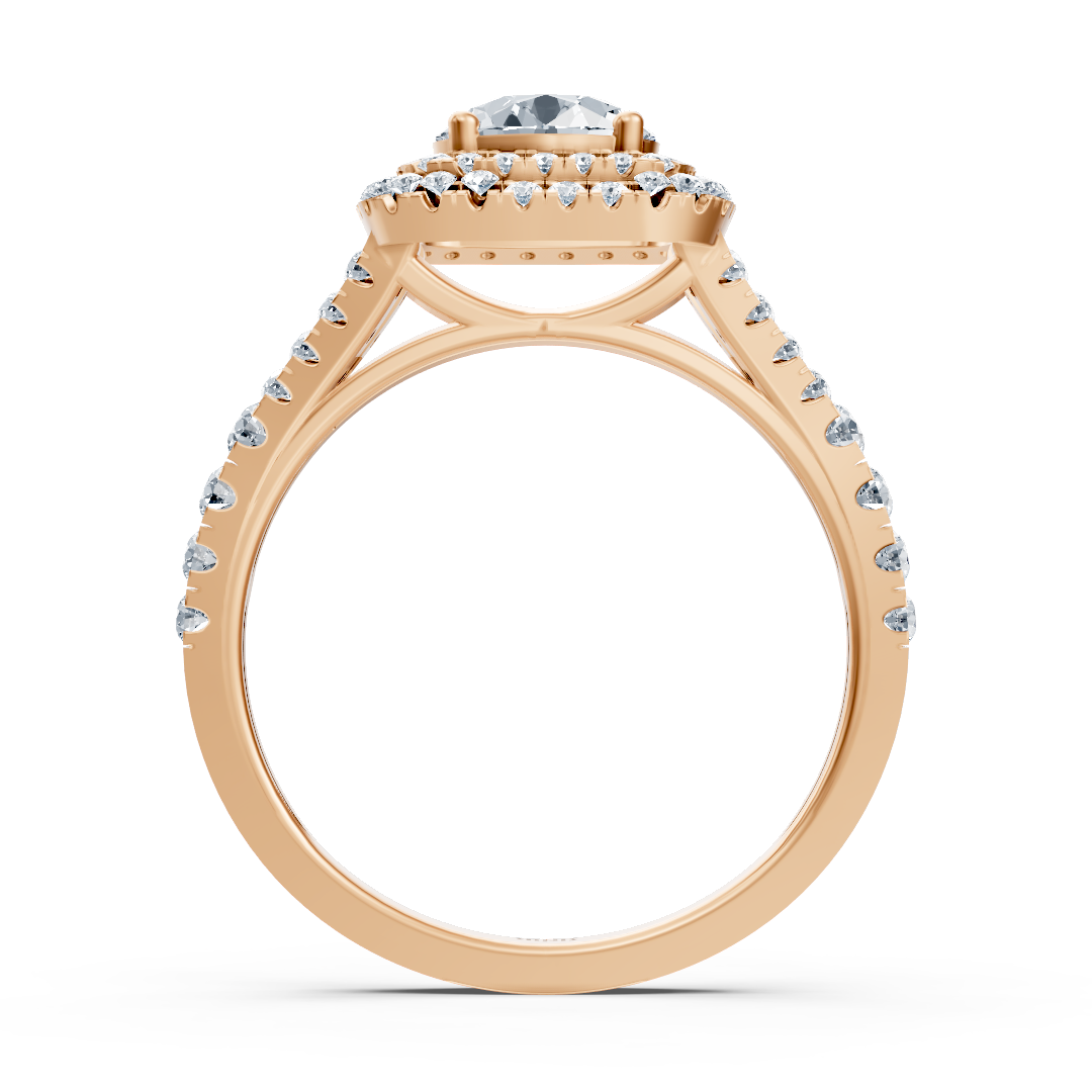 Bague de fiançailles en or rose 14 carats avec double halo de diamants