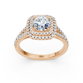 Bague de fiançailles en or rose 14 carats avec double halo de diamants