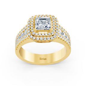 14 Karat Gelbgold Prinzessschliff Diamant & Rubin Doppel-Halo Verlobungsring