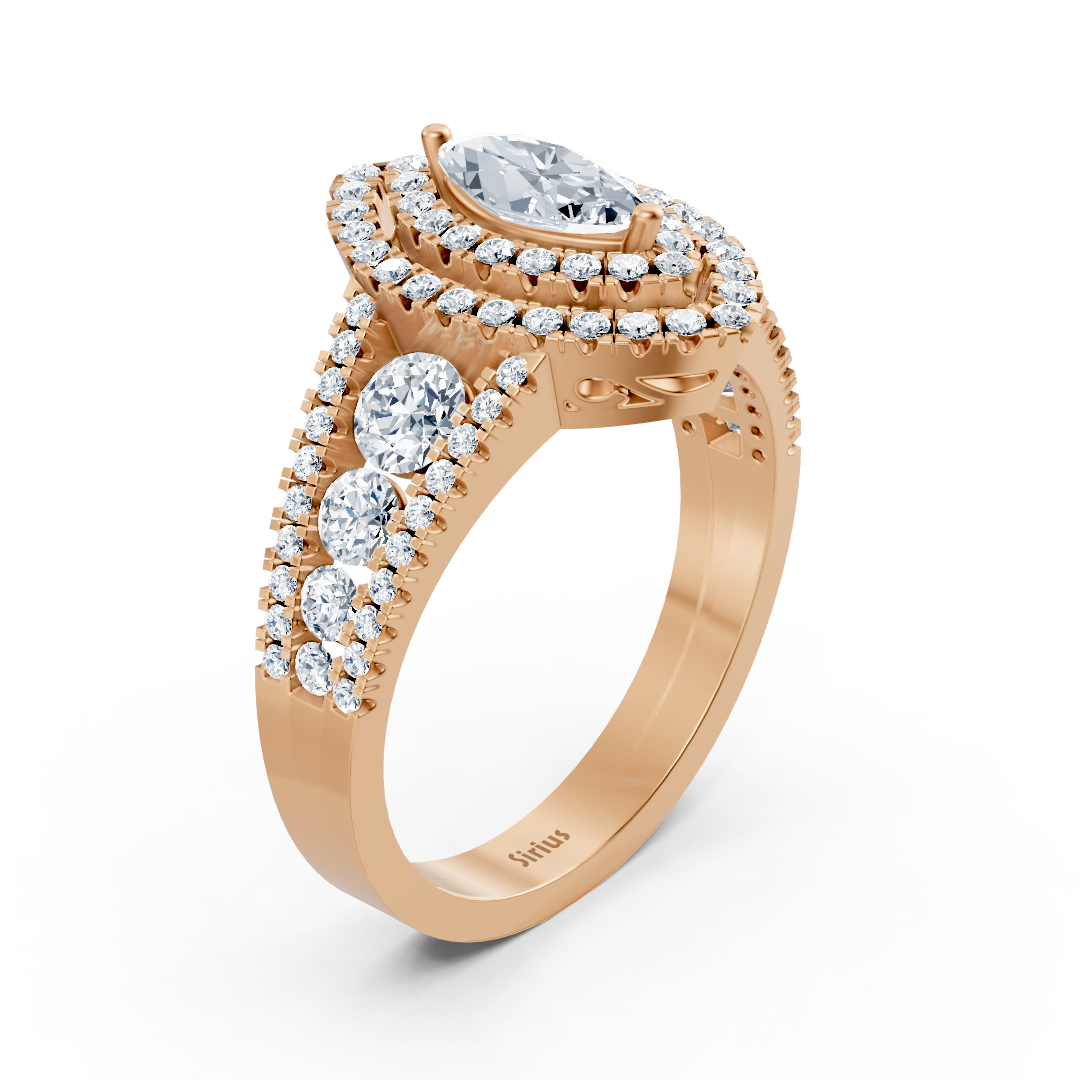 Bague de fiançailles en or rose 14 carats avec diamants et saphirs taille ovale à double halo