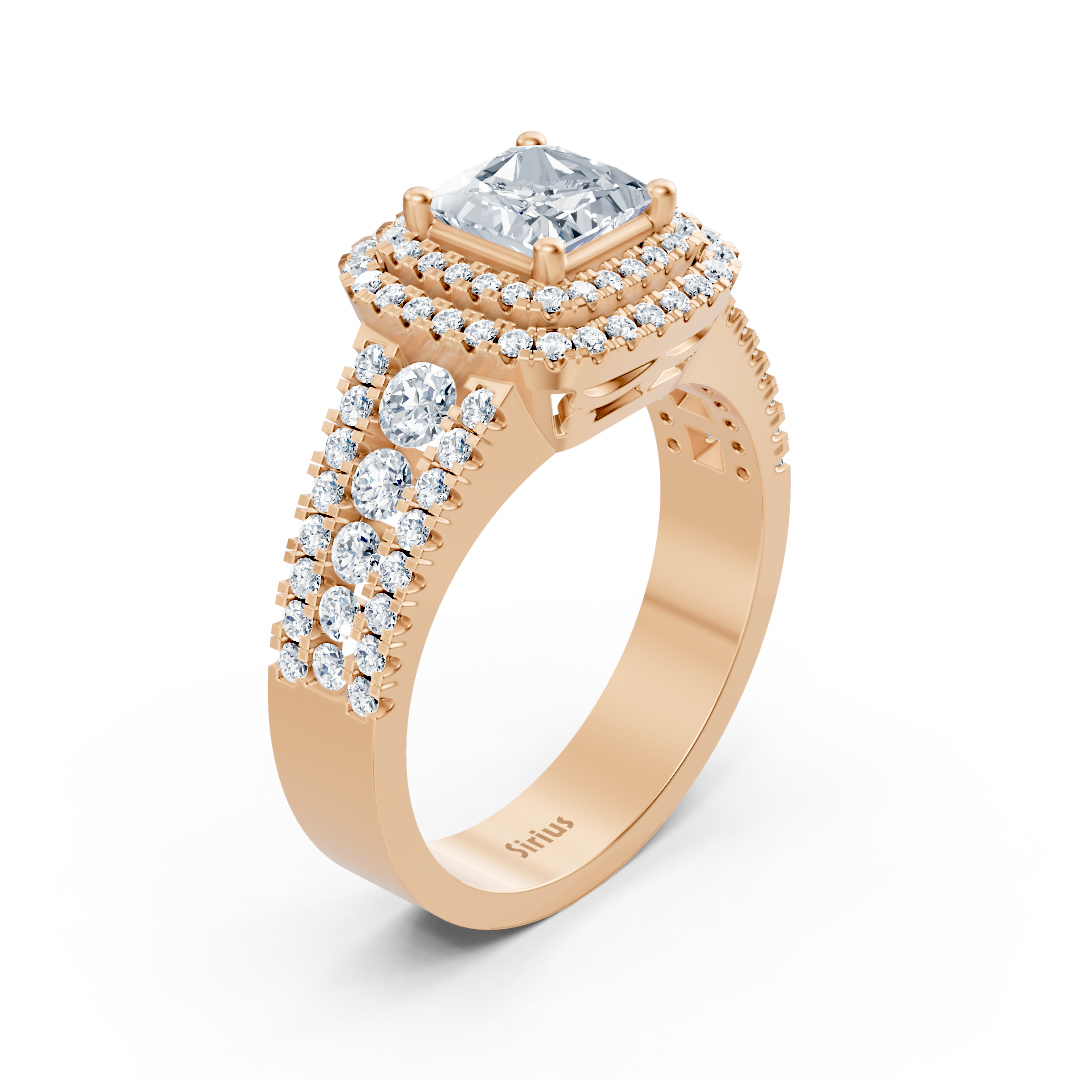 Bague de fiançailles en or rose 14 carats avec diamants taille princesse et rubis à double halo