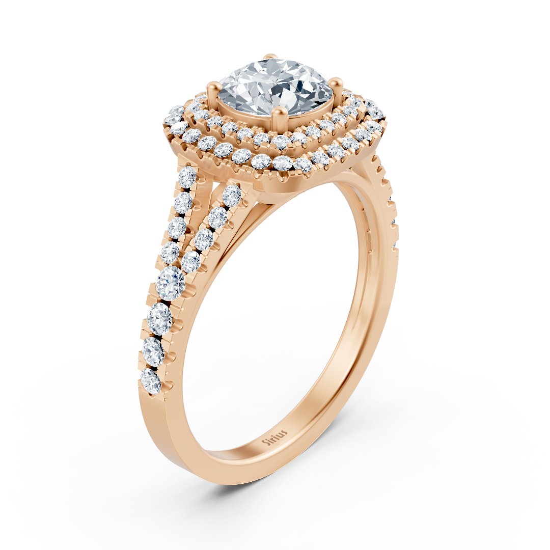 Bague de fiançailles en or rose 14 carats avec double halo de diamants