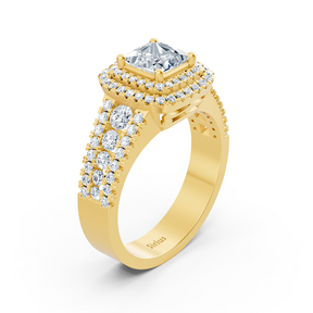 14 Karat Gelbgold Prinzessschliff Diamant & Rubin Doppel-Halo Verlobungsring