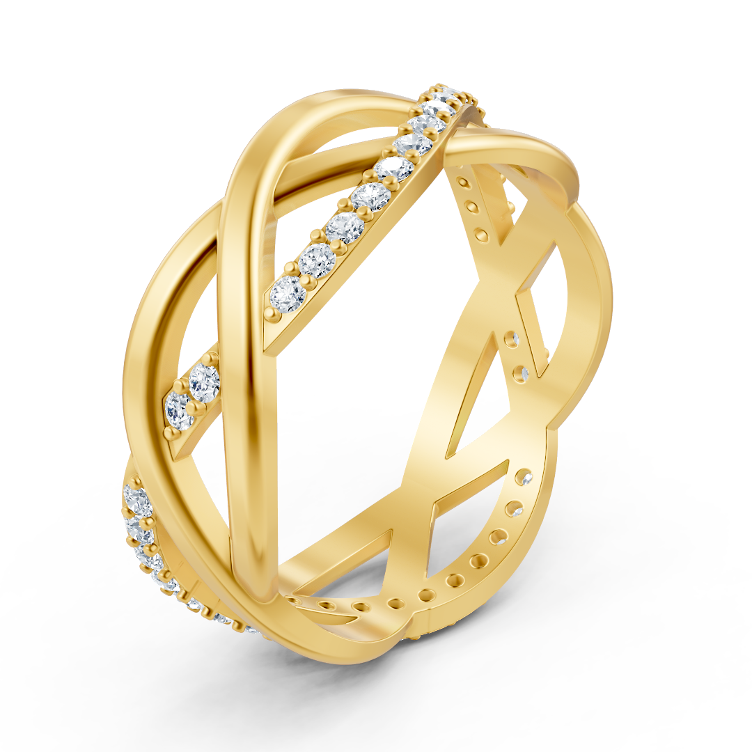 Yellow gold diamond ring with a crossed design