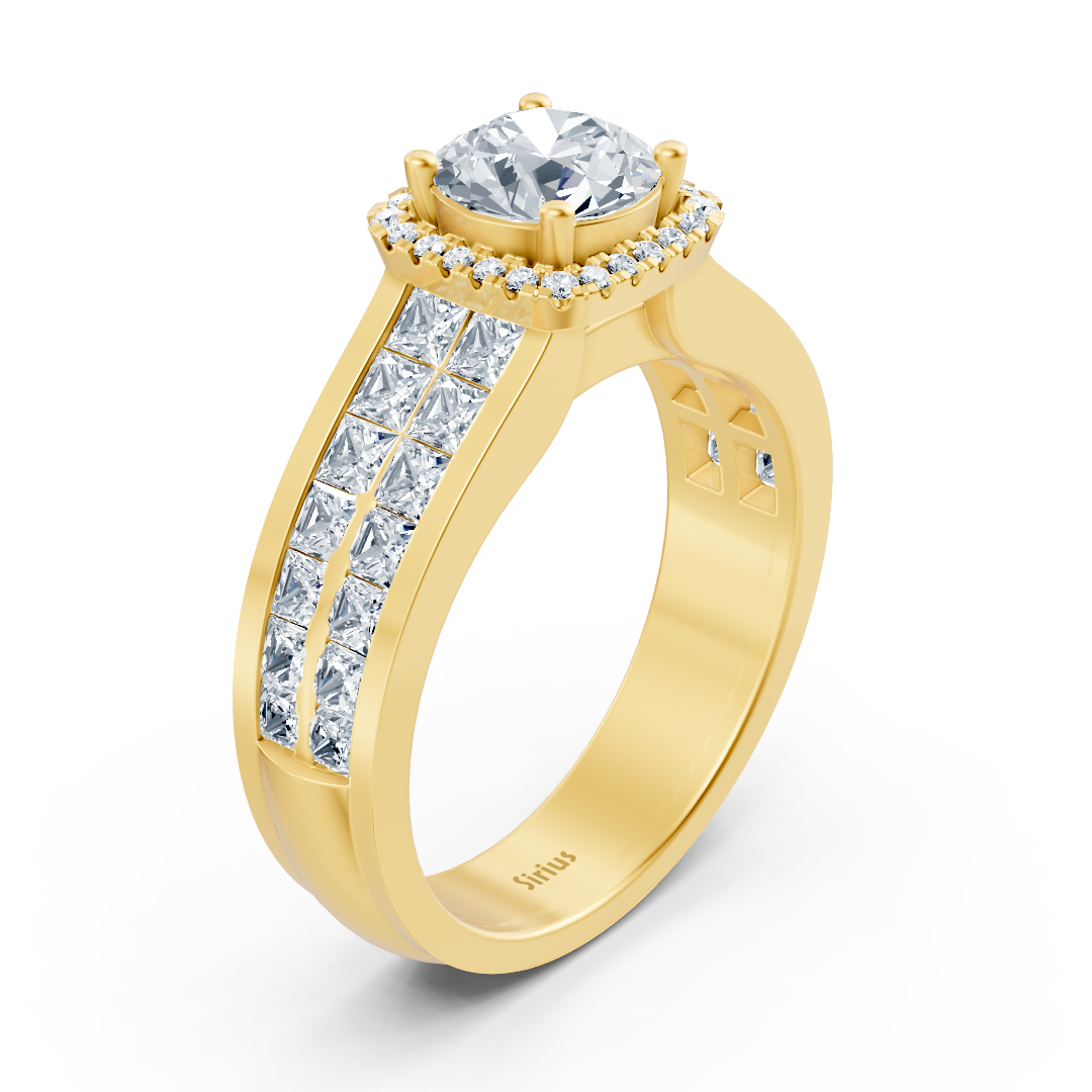 Bague de fiançailles extravagante en diamant taille princesse et brillant en or jaune 14 carats