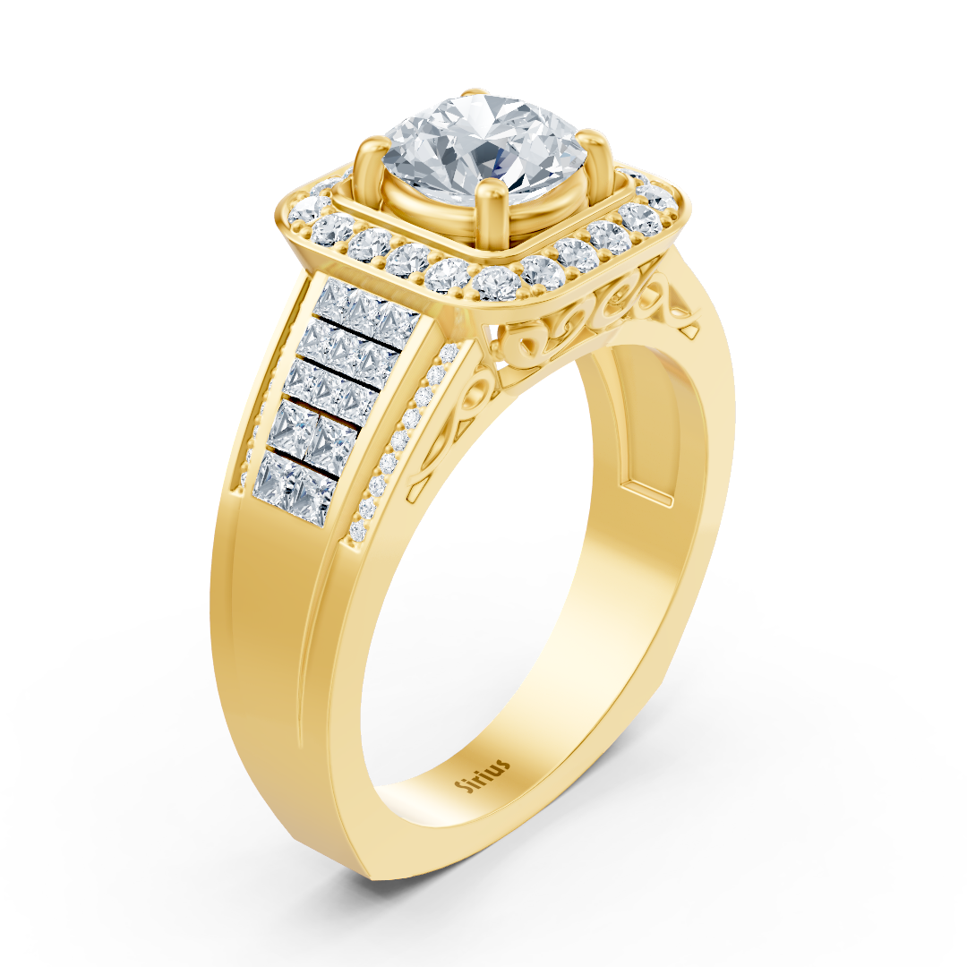 Bague de fiançailles scintillante en or jaune 14 carats avec diamants taille princesse et brillant