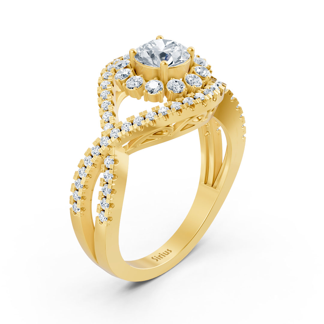 bague de fiançailles halo de diamants en or jaune