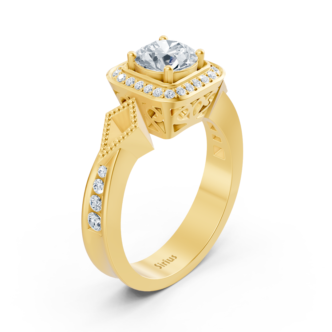 Bague de fiançailles halo en or jaune avec diamants latéraux