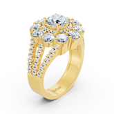 Gelbgoldener Halo-Ring mit Diamanten, Weisstopas, Smaragden & Rubinen