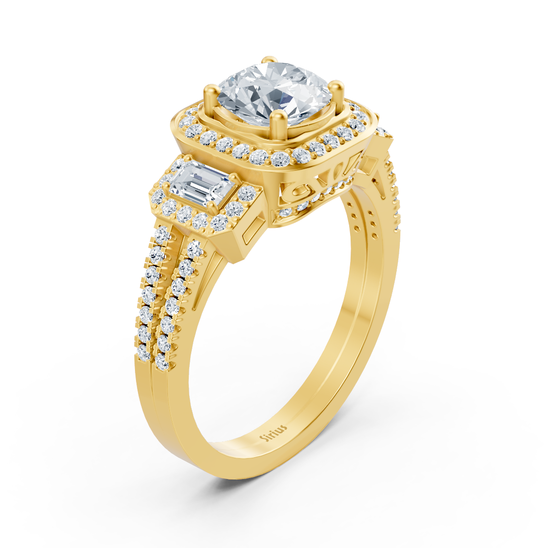Bague trois pierres et halo de diamants en or jaune