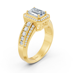 Birgie Sirius Gelbgold Diamant & Smaragd Halo Ring mit Emerald & Rundschliff