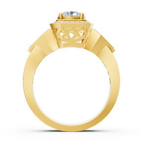 Bague de fiançailles halo en or jaune avec diamants latéraux