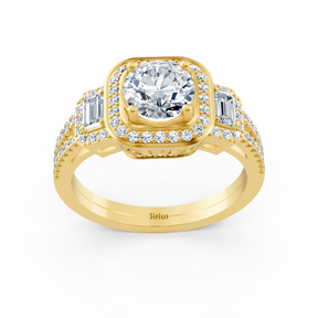Bague trois pierres et halo de diamants en or jaune