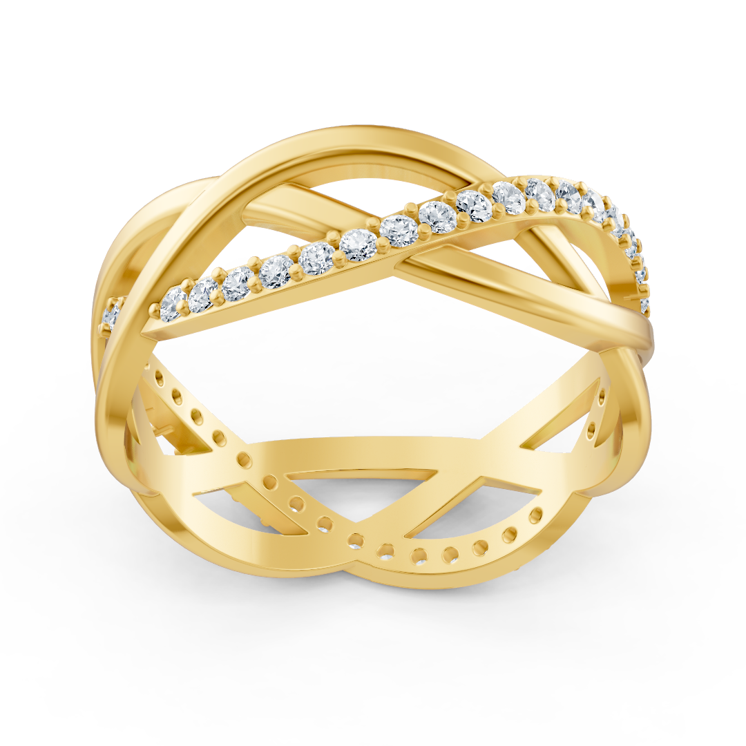 Yellow gold diamond ring with a crossed design