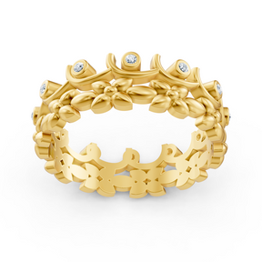 Bague en or jaune avec diamant et motif floral de vigne