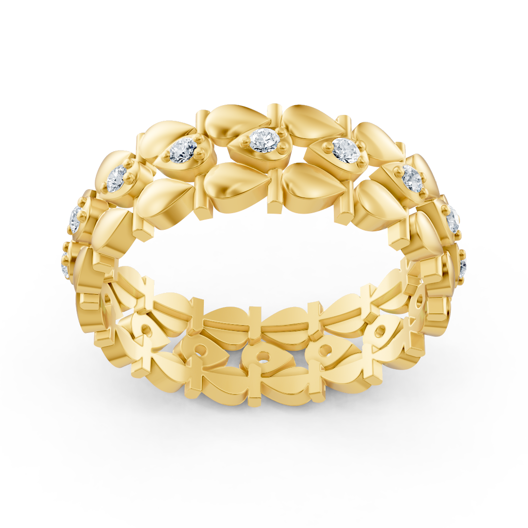 Bague élégante en or jaune avec diamants – motif feuille en filigrane