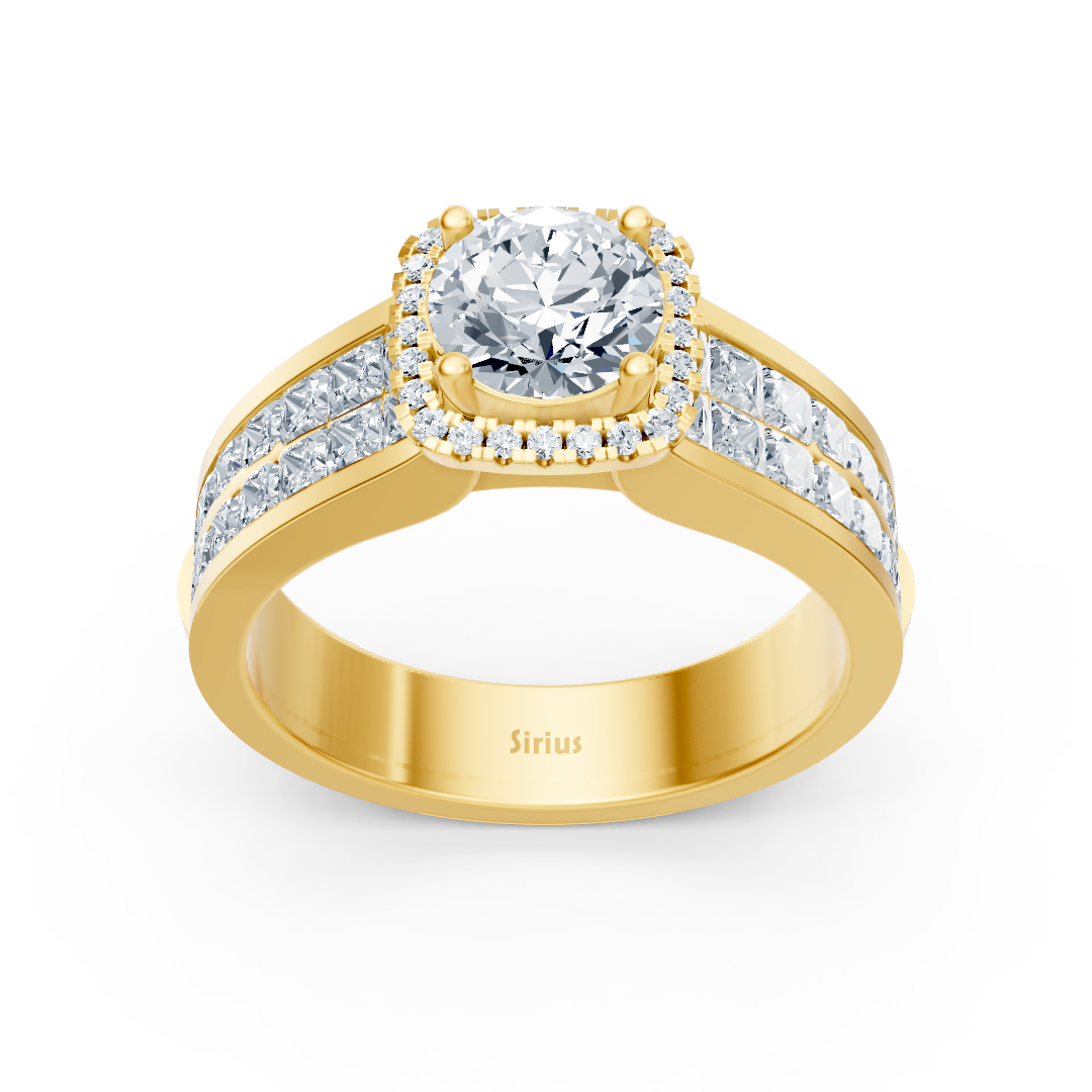 Bague de fiançailles extravagante en diamant taille princesse et brillant en or jaune 14 carats