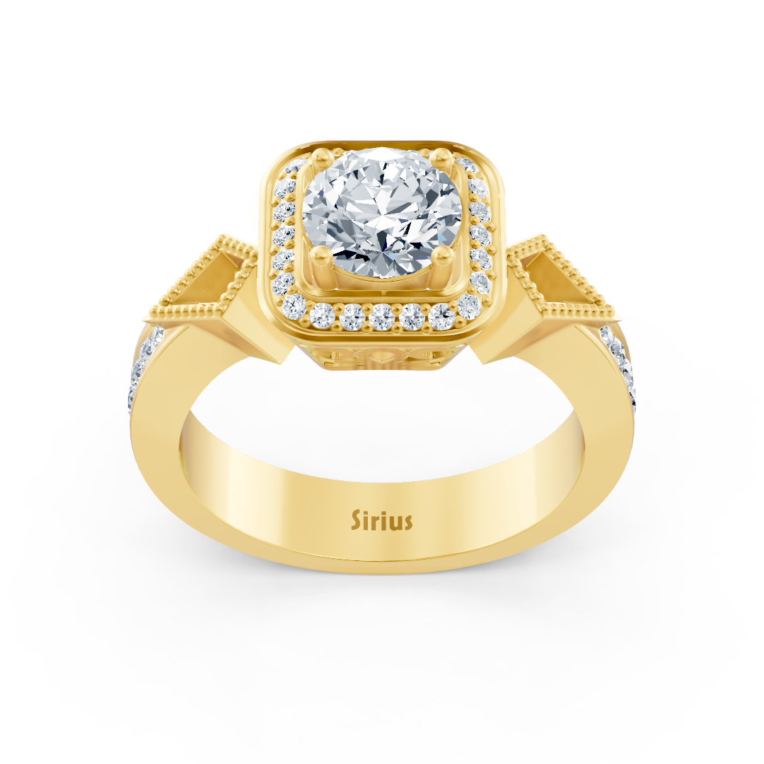Bague de fiançailles halo en or jaune avec diamants latéraux