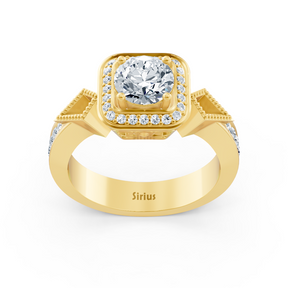Bague de fiançailles halo en or jaune avec diamants latéraux