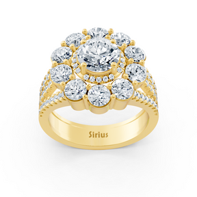 Gelbgoldener Halo-Ring mit Diamanten, Weisstopas, Smaragden & Rubinen