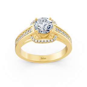 Eleganter Gelbgold Seitenstein Weisstopas Diamantring