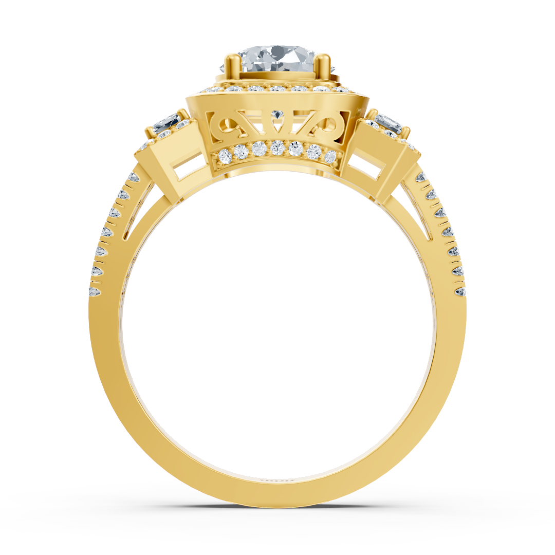 Bague trois pierres et halo de diamants en or jaune