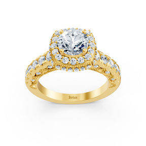Birgie Sirius Gelbgold Halo Diamant Verlobungsring mit Rundschliff