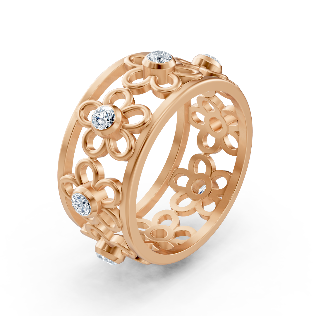 Bague fleur en filigrane avec diamants en or rose 14 carats