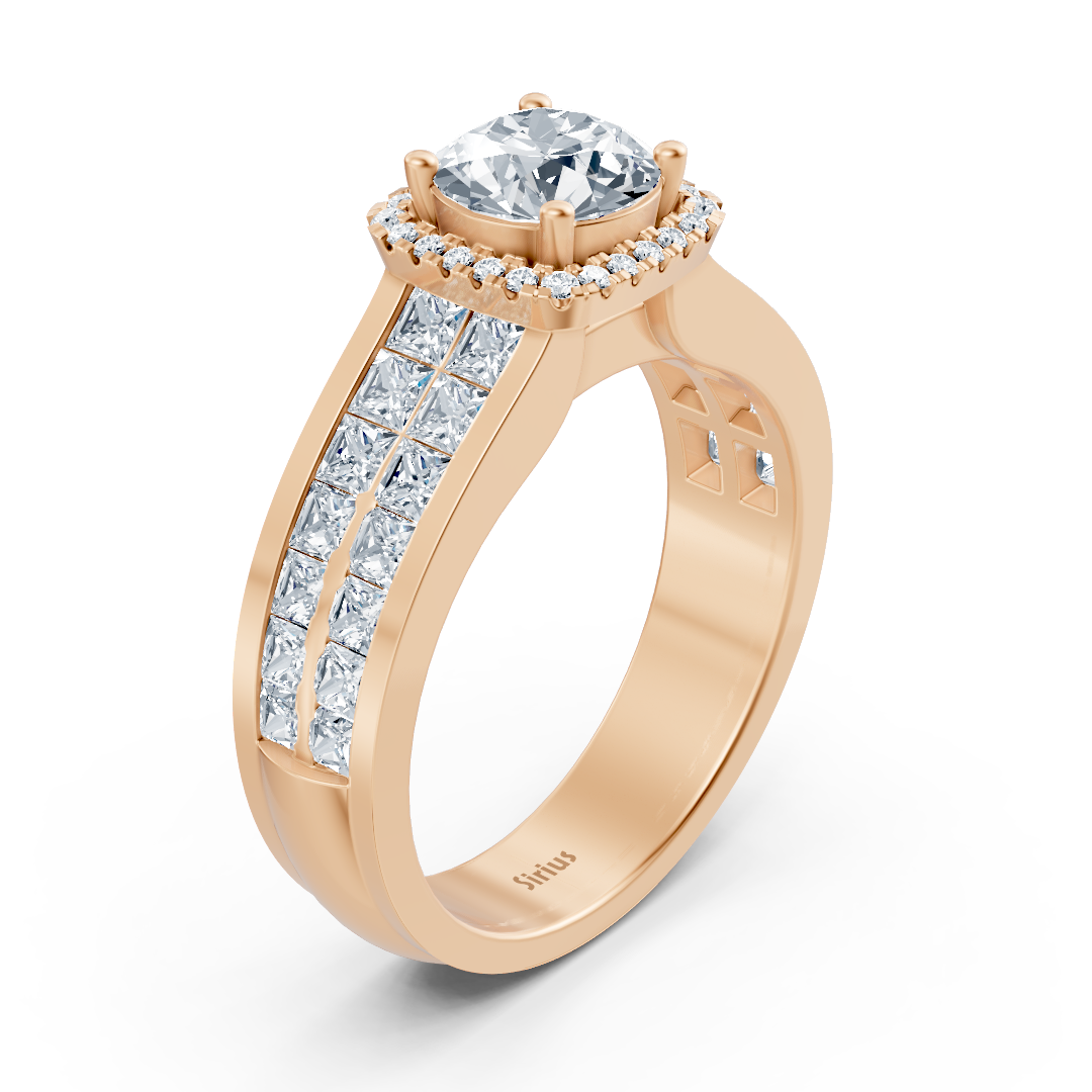 Bague de fiançailles extravagante en diamant taille princesse et brillant en or rose 14 carats