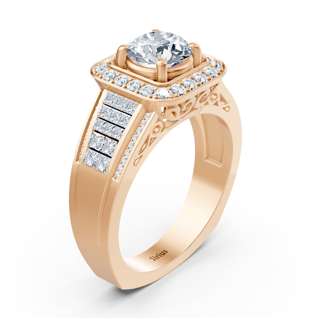 Bague de fiançailles scintillante en or rose 14 carats avec diamants taille princesse et brillant