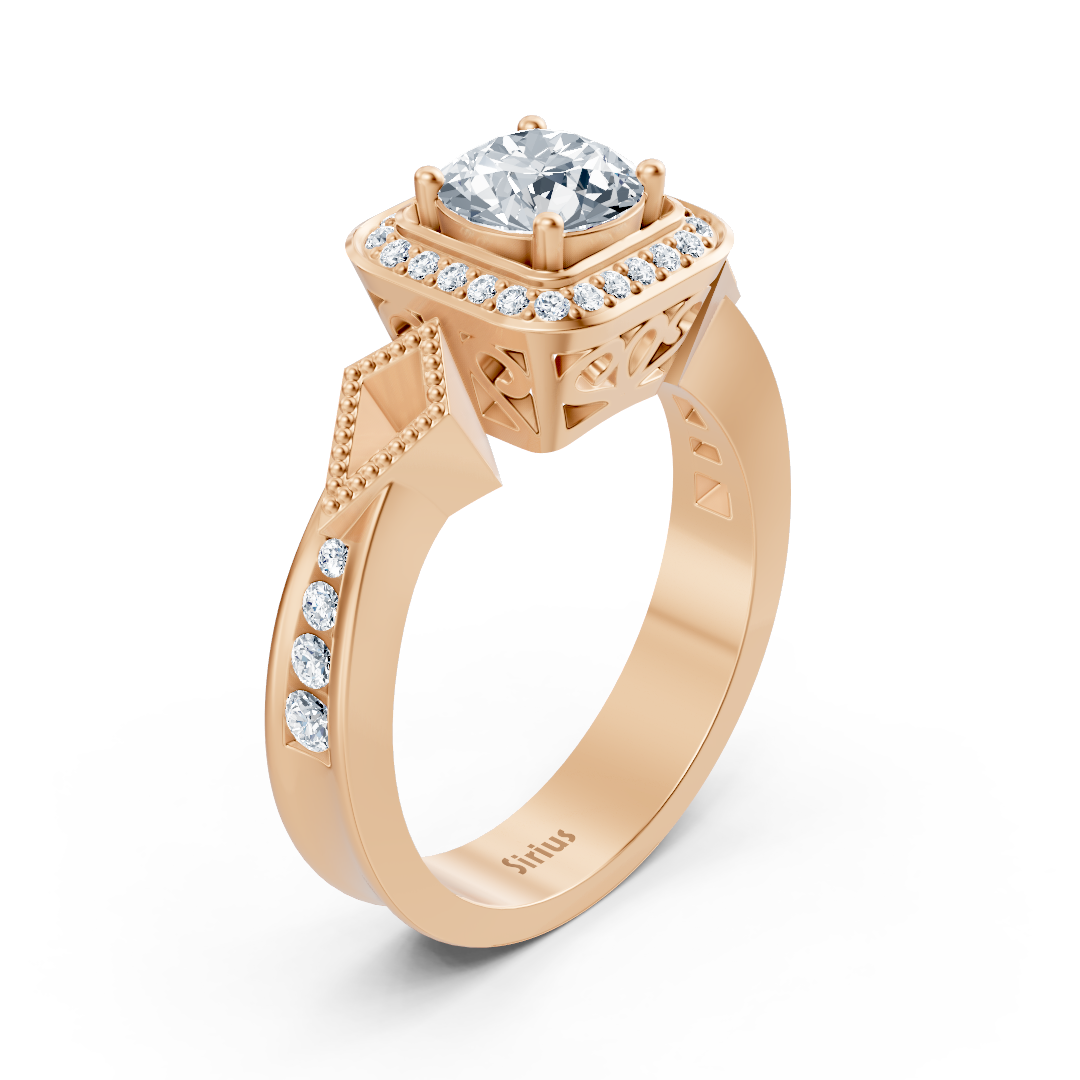 Bague de fiançailles halo en or rose avec diamants latéraux