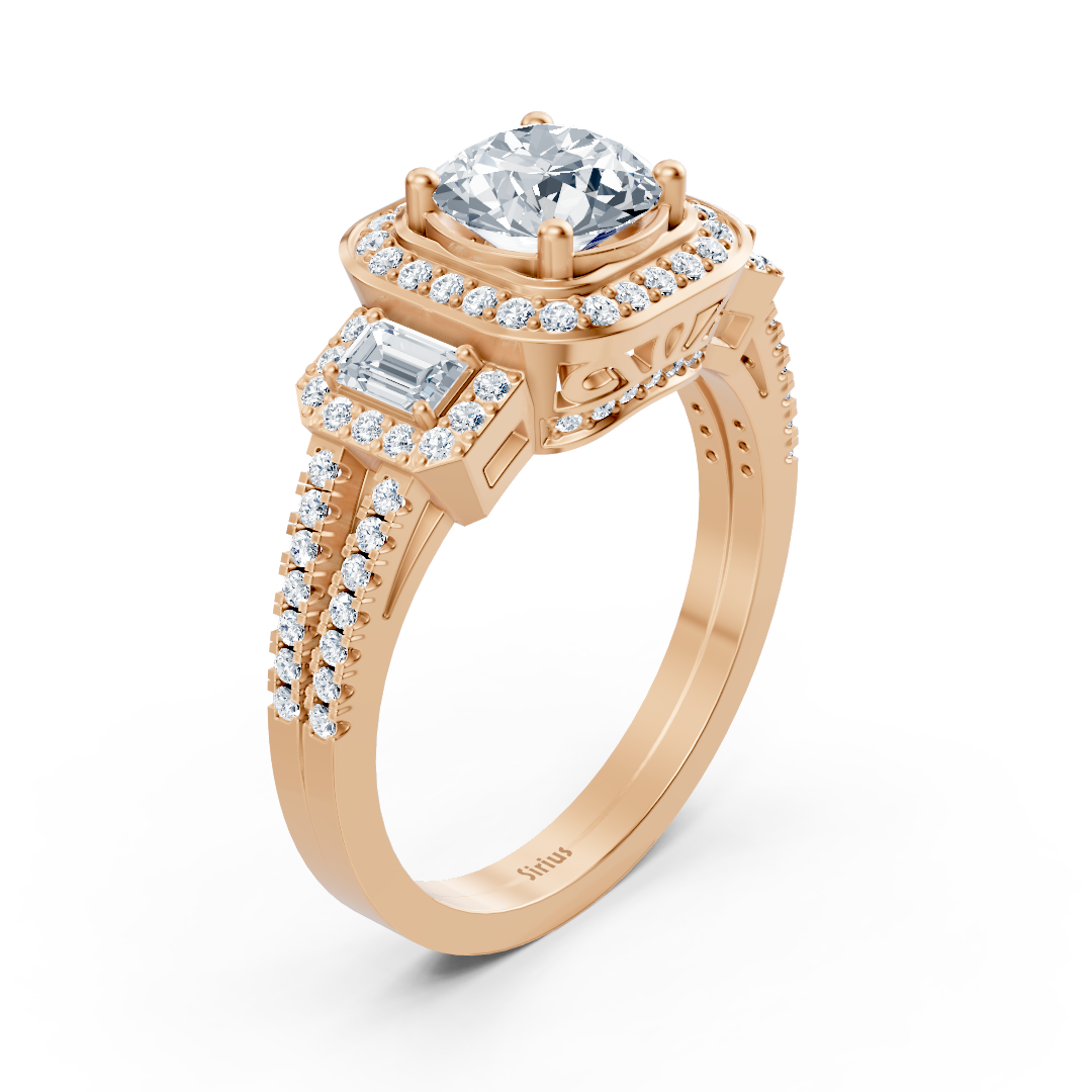 Bague trois pierres et halo de diamants en or rose