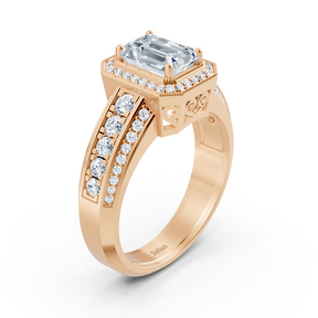 Birgie Sirius rose gold diamond &amp; emerald halo ring with emerald &amp; round cut